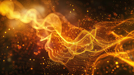 Abstract yellow orange energy waves from futuristic hi-tech particles glowing background.