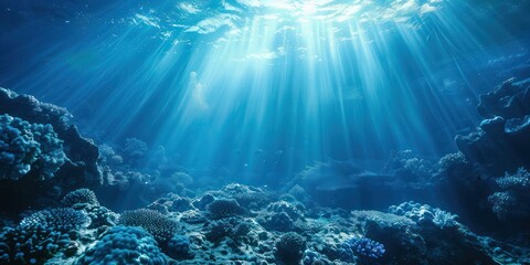underwater scene with bubbles in deep sea  - obrazy, fototapety, plakaty