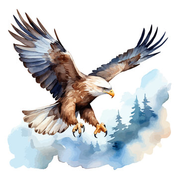 cute eagle flying in watercolor painting style