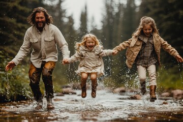 Father and daughters playing in a stream, laughter and splashes of joy. - obrazy, fototapety, plakaty