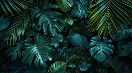 Fototapeta na wymiar Tropical green leaves on dark background, nature summer forest plant concept. copy space for text.