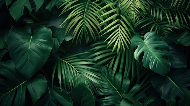 Tropical green leaves on dark background, nature summer forest plant concept. copy space for text.