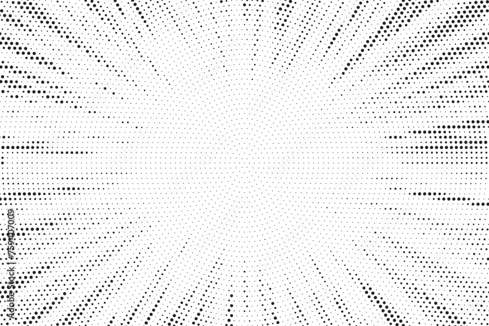 Poster Halftone gradient sun rays pattern. Abstract halftone vector dots background. monochrome dots pattern. Vector background in comic book style with sunburst rays and halftone. Retro pop art design.	
