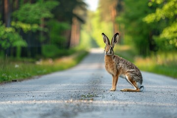 Obraz premium Hare standing on the road near forest at early morning or evening time. Road hazards, wildlife and transport.