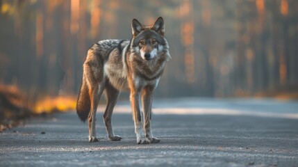 Wolf standing on the road near forest at early morning or evening time. Road hazards, wildlife and...