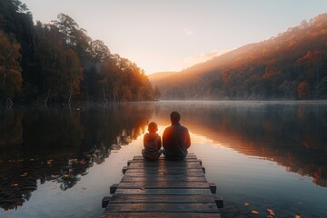 Two people sitting on a dock looking over a misty lake at sunrise. - obrazy, fototapety, plakaty