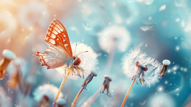 Fototapeta Close-up macro of a gorgeous, delicate butterfly on a clean blue background with a beautiful blurred background of dandelion flowers in spring. Dreamy, romantic, and exceptionally creative image