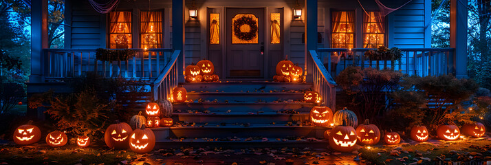 The Front Porch Comes Alive with the Halloween S,
Halloween pumpkins and decorations outside a house 
