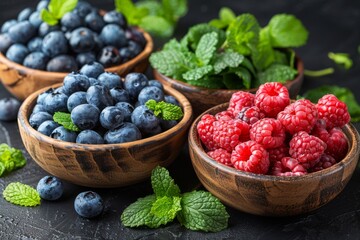 Fresh blueberries and raspberries in rustic wooden bowls with mint leaves.
