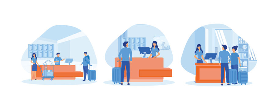 Hotel reception concept. Male customer standing at reception desk and talking to female receptionist. Scene of a visit to a service center. Set flat vector modern illustration