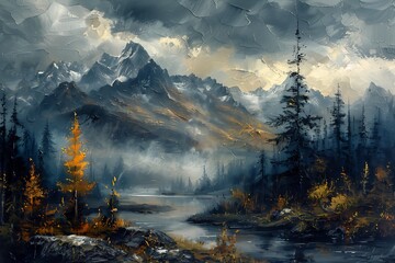 mountain river trees gloss liquid clouds snowing forest patches yellow sky white silver long brush strokes - obrazy, fototapety, plakaty