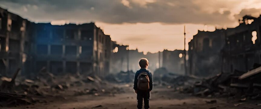 a shabby and dirty child is standing still facing back in the ruins of a war-torn city, some of the buildings still burning and smoking, in the evening at sunset