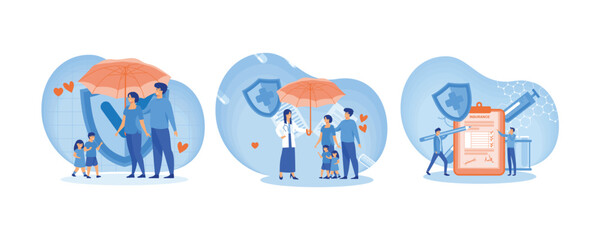 Family standing under insurance umbrella together. Doctor and Patients in Hospital filling Health and Life Insurance Policy Contract. Man fills out health insurance. Set flat vector modern illustratio