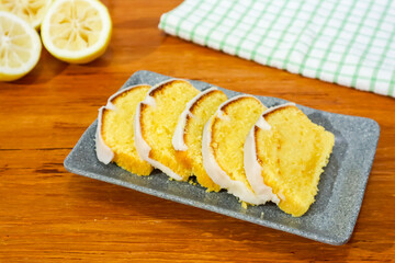 Slice of classic lemon cake. Close up