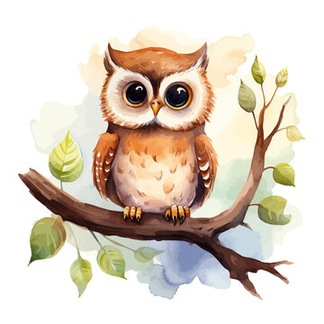 cute owl is perched on a branch in watercolor painting style
