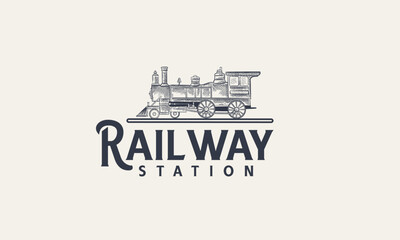 Locomotive logo illustration, vintage Railway Station hand drawn style emblem