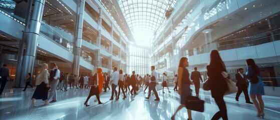 Long exposure shot of crowd of business people walking in bright office lobby fast moving with blurry
