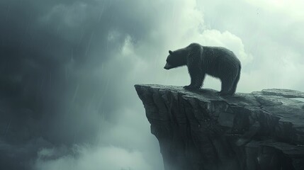 Bear on cliff gazes at steep chart, stormy sky, pondering risk aversion and market hurdles. - obrazy, fototapety, plakaty