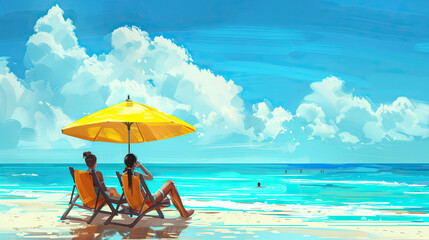 Beach summer couple on island vacation holiday relax in the sun on their deck chairs under a yellow umbrella. Idyllic travel background.