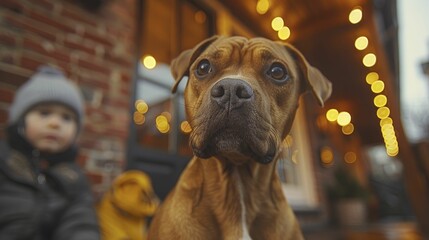 Plakat A Boxer dog stands guard in front of a family home at night, symbolizing security and protection in home safety products.