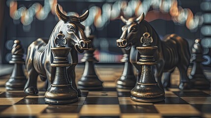 Bull and bear chess pieces on a chessboard, the bull advancing, against financial charts, symbolizing market strategies. - obrazy, fototapety, plakaty