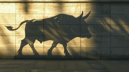 A bull casting a shadow that morphs into an upward arrow on a wall, with a financial district silhouette, symbolizing leadership and market growth.