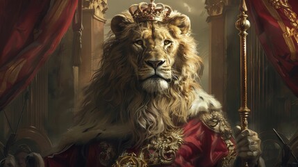 A regal lion, encased in a royal emblem, wields a scepter and shield, standing before an imperial structure, symbolizing power and guidance.