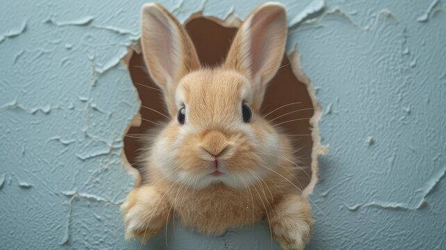 Adorable bunny peeking through a hole - A brown cute rabbit looking through an imperfectly shaped hole in a blue wall, creating an adorable and eye-catching image