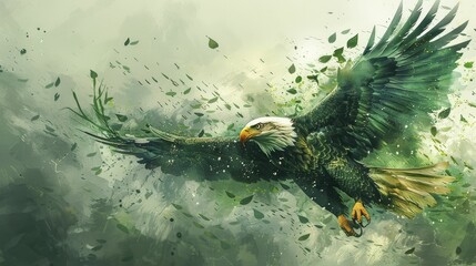 An eagle carrying a branch with green leaves and currency notes, symbolizing growth, sustainability, and prosperity in investments. - obrazy, fototapety, plakaty