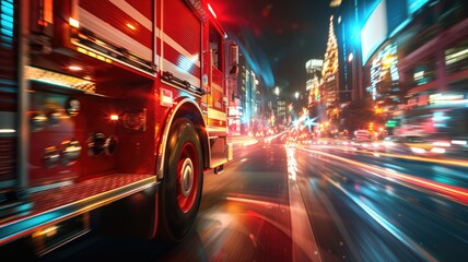 Fire truck speeding through city at night - A vivid depiction of a fire truck in action at night with blurred city lights conveying urgency and speed