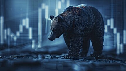 A bear casting a long shadow over a descending stock chart, set against a cool blue background, symbolizing market downturns and investor wariness.