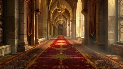 Sunlit Grand Hallway with Ornate Details - A breathtaking interior shot of a grand hallway bathed in natural sunlight with intricate architectural details and a luxurious carpet - obrazy, fototapety, plakaty