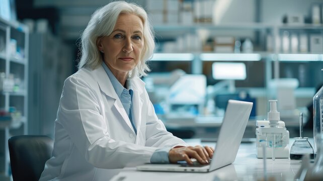Senior scientist working on a computer - A mature female scientist works diligently on a laptop in a laboratory
