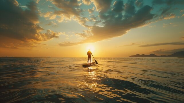 Silhouette of Paddleboarder at Sunset - A serene image of a lone paddleboarder in silhouette against the tranquil backdrop of a sunset over calm waters