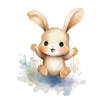 Cute rabbit cartoon jumping in watercolor painting style