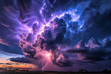 Dramatic shot of thunderstorms with lightning in the nature. - obrazy, fototapety, plakaty