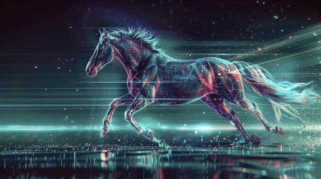 Horse galloping through a digital realm fusing age-old might with advanced tech, epitomizing rapid tech advancements.