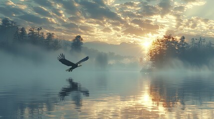 An eagle soars above a tranquil lake mirroring stock market trends, embodying financial serenity and insight.