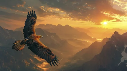 Fotobehang Eagle's flight over the majestic mountains at sunrise signifies leadership and visionary aspirations. © Manyapha
