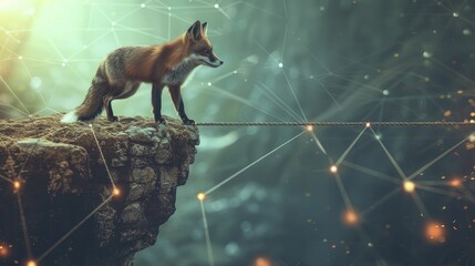 Fox carefully treads a tightrope amid cliffs, safeguarded by a safety net of interconnected networks, showcasing business resilience. - obrazy, fototapety, plakaty
