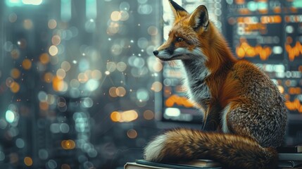 A clever fox on a stack of books, with screens showing stock markets, embodies astute financial skills and market insight. - obrazy, fototapety, plakaty