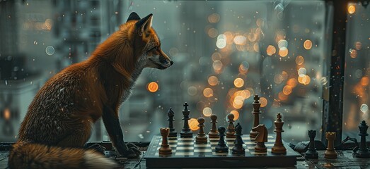 A fox strategically plans moves at a chessboard against city lights, symbolizing corporate advantage in strategy.