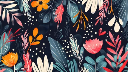 Fotobehang A creative arts pattern featuring plants, flowers, and leaves in a seamless design on a dark background. This art piece could attract pollinators like insects with its intricate details © Oleksandra
