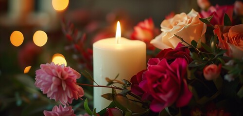 A captivating display of vibrant flowers alongside the radiance of a burning white candle, casting a soothing glow.