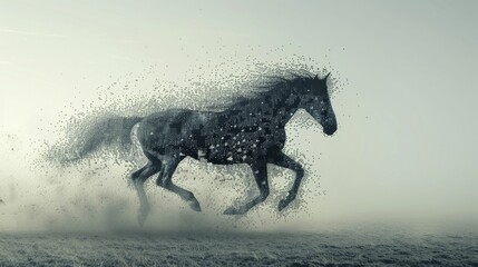 Silhouette of a horse emerging from a mist of digital pixels, illustrating the fusion of natural power with digital transformation in business.