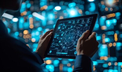 close up A network security analyst examining a digital tablet that visualizes a secure firewall around virtual data, representing the cutting-edge technologies used in defending against cyber attacks - obrazy, fototapety, plakaty