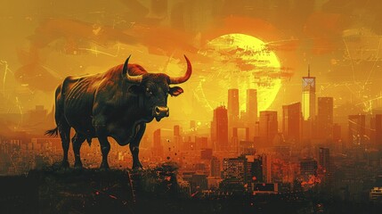 A powerful bull silhouetted against a rising sun over a cityscape, with gold and orange hues, symbolizing hope and strength in the financial market.
