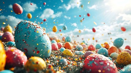 large colorful easter eggs are floating in a beautiful background
