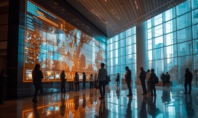 A bustling corporate lobby with business professionals networking, exchanging ideas beside a digital interactive wall displaying real-time market analytics