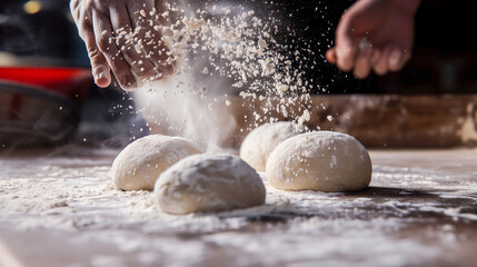 Hand sprinkling flour on round pizza dough balls on table